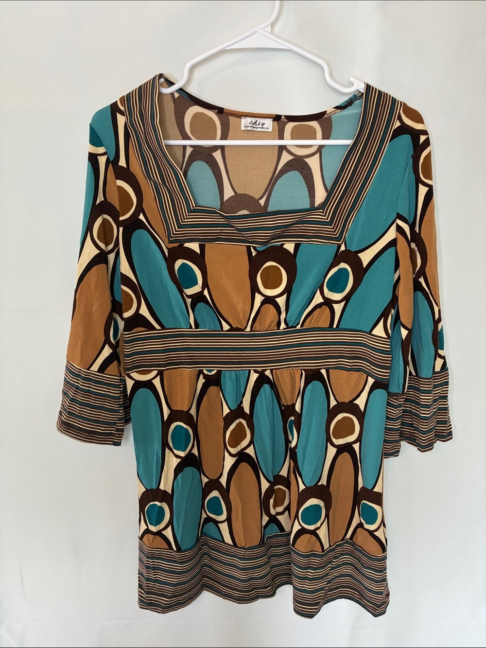 Geo-Print Scoop Neck Tunic Top - Teal & Brown
